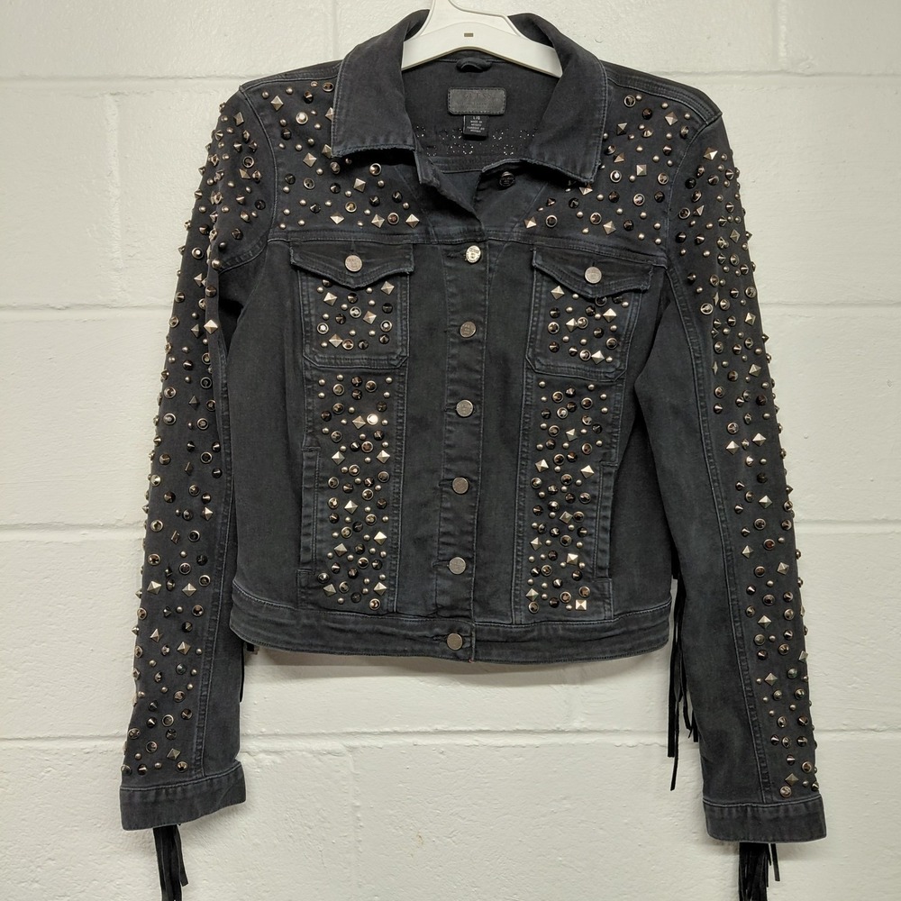 Guess Womens Genuine Leather Fringe Black Denim Jacket Bejeweled Studded LARGE